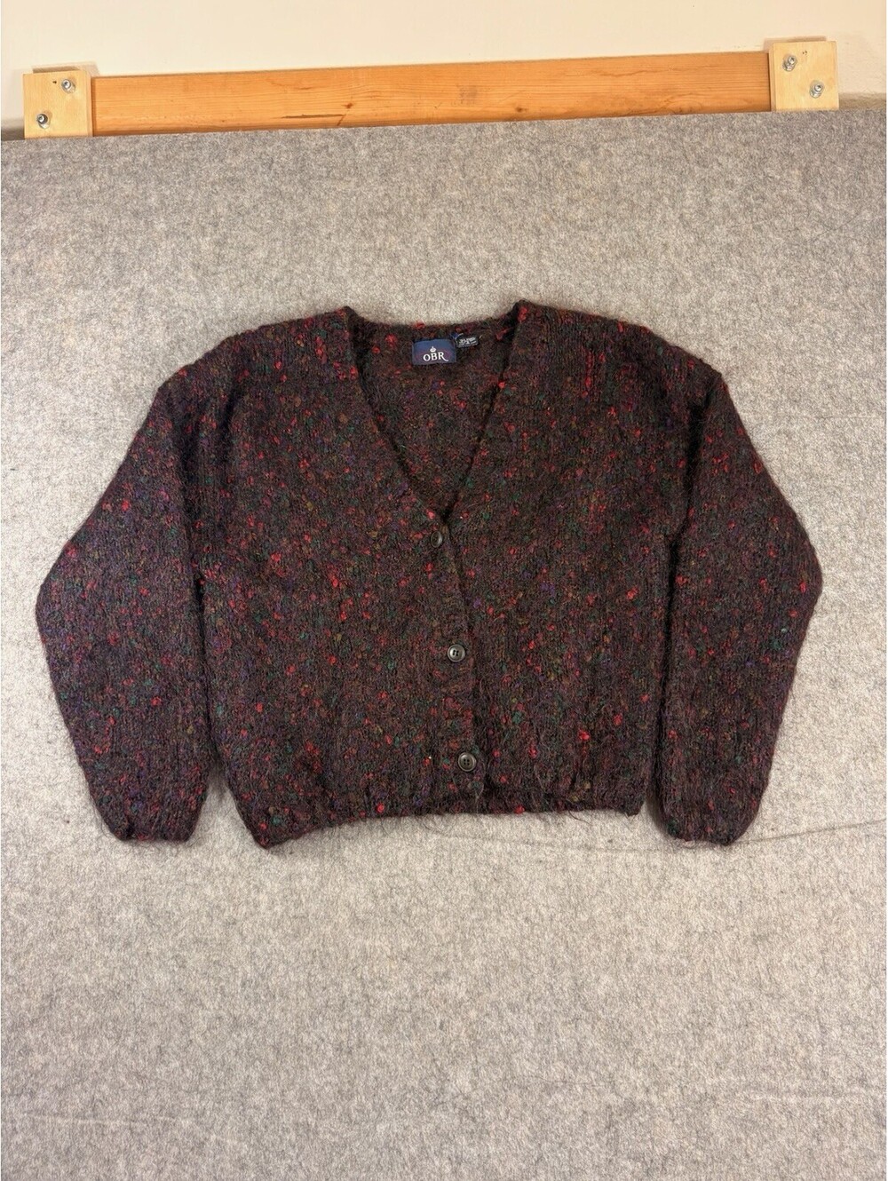 Vintage OBR Mohair Cardigan Sweater Black Fuzzy 26% Mohair Womens S
